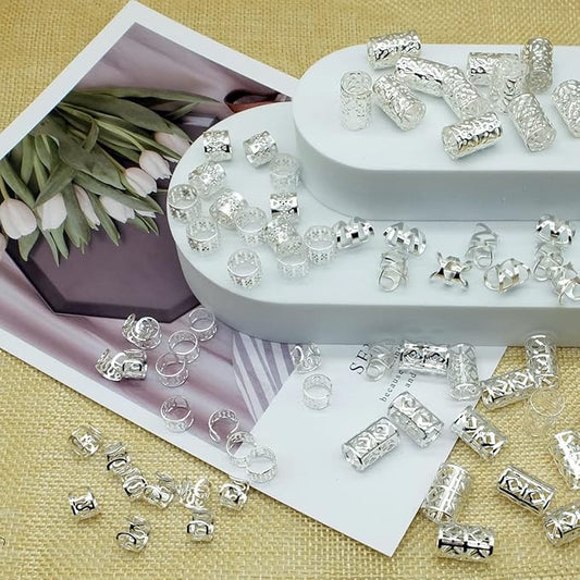100 PCS Hair Jewels for Braids Silver Dreadlock Beads Loc Accessories Hair Rings for Girls Adjustable Cuffs Iron Braiding Hair Rings Decoration Hair Jewelry for Women