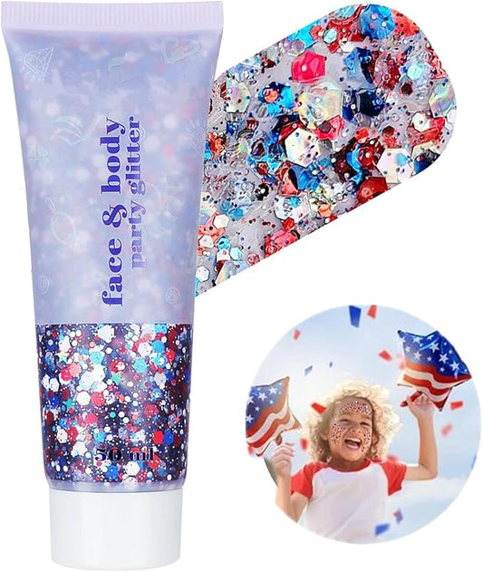 Go Ho Red White and Blue Body Glitter,USA Flag Pride Face Glitter,4th of July Outfits for Women Reflective Glitters Makeup,Holographic Long Lasting Chunky Sequins,Fourth of July Accessories