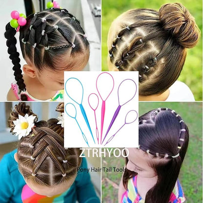 6pcs Pony Hair Tail Tools, Hair Loop Styling Tool French Braiding Hair Tool, Hair Braid Accessories Ponytail Maker for Women Girls, Ponytail Hair Pull Through Tool (2pink+2blue+2purple)
