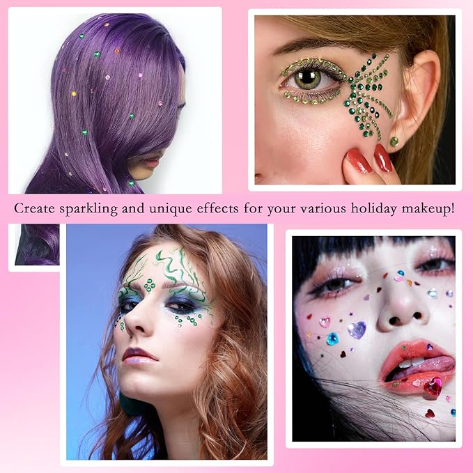 NIACONN 1760 Pcs Deep Green Hair Jewels Face Gems Stick on, Self Adhesive Glitter Rhinestones Stickers for Women Body Eyes Nails Festival Halloween Makeup & Crafts