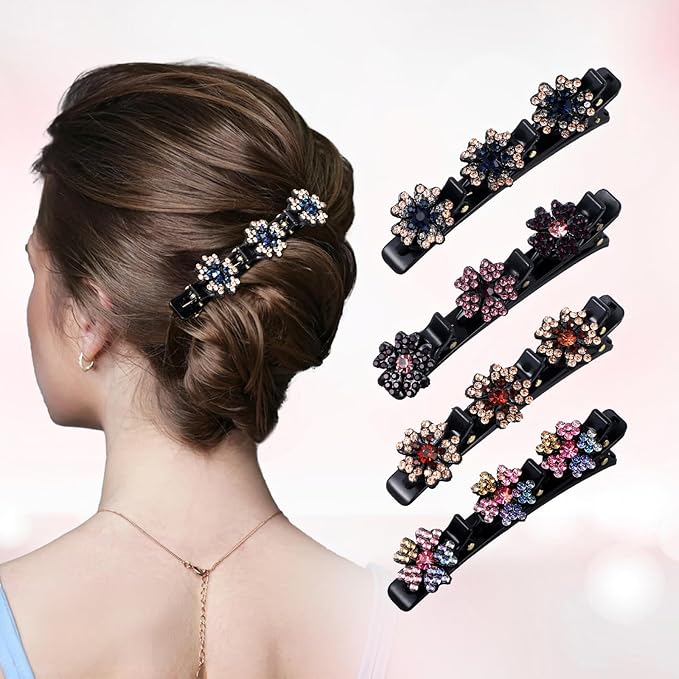 4PCS Sparkling Crystal Stone Braided Hair Clips, Shiny Fancy Hair Clips Elegant Four-Leaf Clover Braided Hair Clips for Women Styling, Braid Rhinestone Hair Accessories for Women Girls