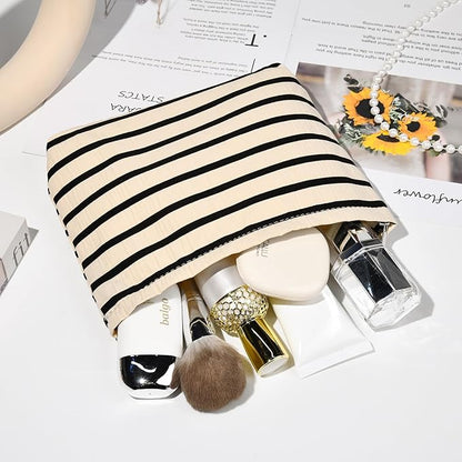 2 Pieces Makeup Bag Large Stripe Cosmetic Bag Capacity Canvas Mix Travel Toiletry Bag Organizer Cute Makeup Brushes Aesthetic Accessories Storage Bag for Women, Stripe Mix White