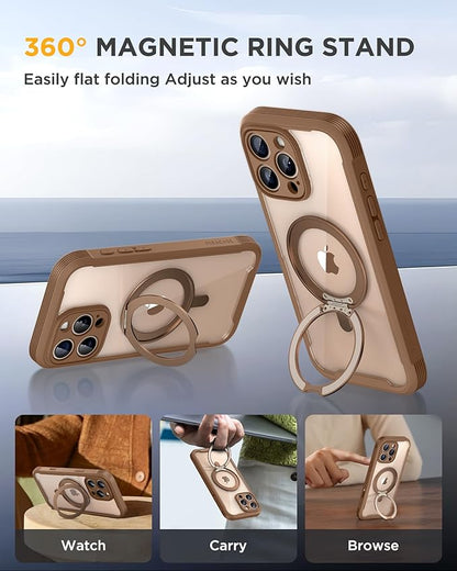 Miracase for iPhone 16 Pro Max Case with 360° Magnetic Ring Stand [Compatible with Magsafe] Full-Body Drop Proof Bumper Phone Case with Built-in 9H Tempered Glass Screen Protector,Brown