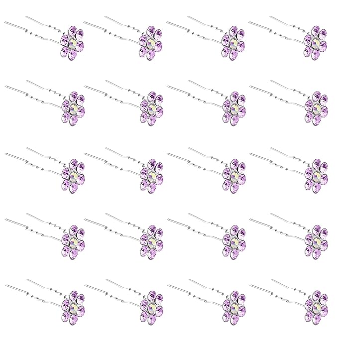 20 Pack (Violet) Crystal Flower Hair Pins Rhinestone Hair Clips for Bridal Wedding Women Hair Jewelry Accessories, with Clear Container