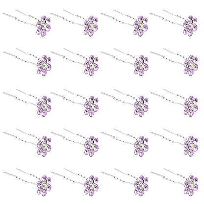 20 Pack (Violet) Crystal Flower Hair Pins Rhinestone Hair Clips for Bridal Wedding Women Hair Jewelry Accessories, with Clear Container