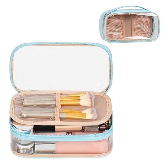 OCHEAL Clear Makeup Bag, Portable Makeup Storage Organizer Cosmetic Bag, Travel Makeup Bag Cute Pouch Women Girls Cosmetics Bags with Divider Makeup Brush Compartment-Lake Blue Clear