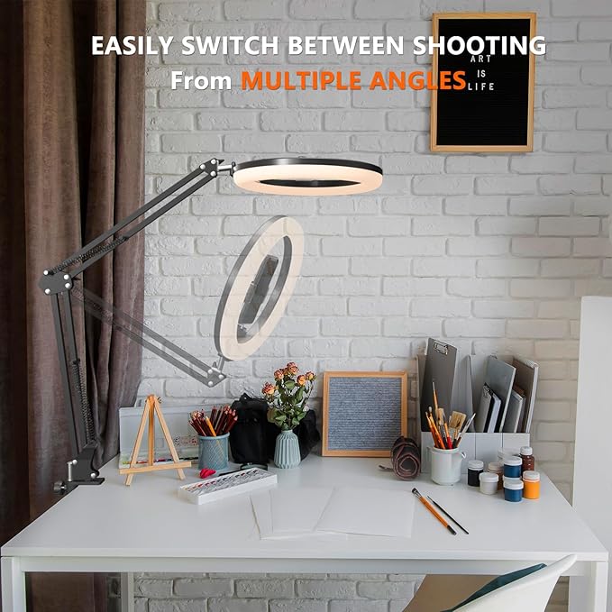 Upgrade 10’’ Ring Light Overhead Phone Mount,LED Selfie Light with Stand and Phone Holder for iPhone and Laptop,Desk Light for Video Recording, Live Streaming,Zoom Meeting, YouTube，Tiktok