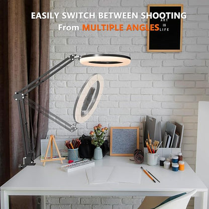 Upgrade 10’’ Ring Light Overhead Phone Mount,LED Selfie Light with Stand and Phone Holder for iPhone and Laptop,Desk Light for Video Recording, Live Streaming,Zoom Meeting, YouTube，Tiktok