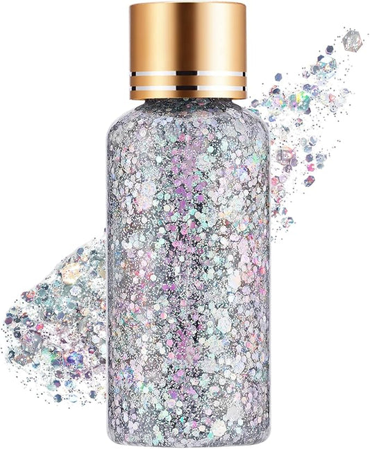 Holographic Body Glitter Gel for Face, Body, Nail, Super Long Lasting Waterproof Quick Dry Liquid Chunky Glitter Eyeshadow for Rave Festival Party Makeup Accessories, 1oz (Starlight Silver)