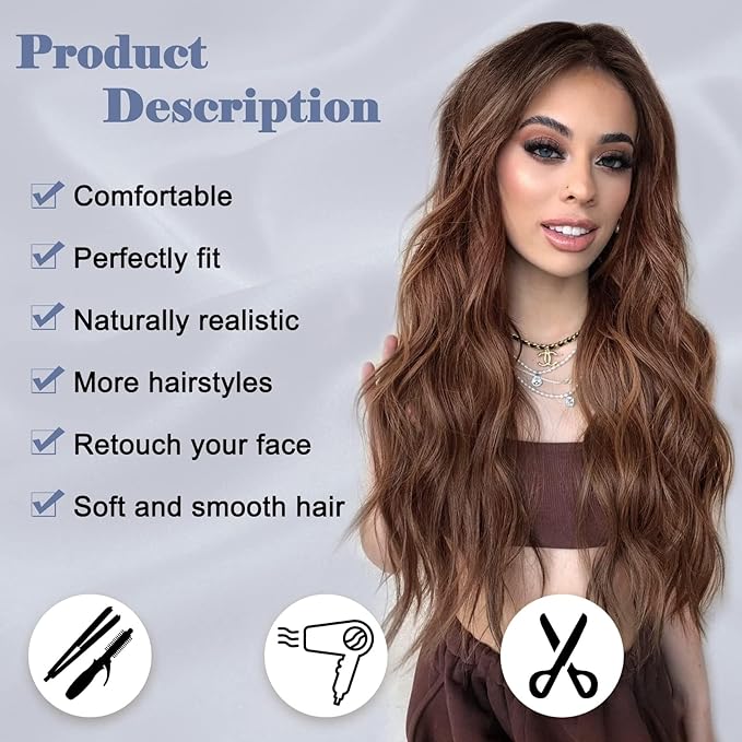 NAYOO Long Ombre Brown Wavy Wig for Women 26 Inch Middle Part Curly Wavy Wig Natural Looking Synthetic Heat Resistant Fiber for Daily Party Use (Ombre Brown)