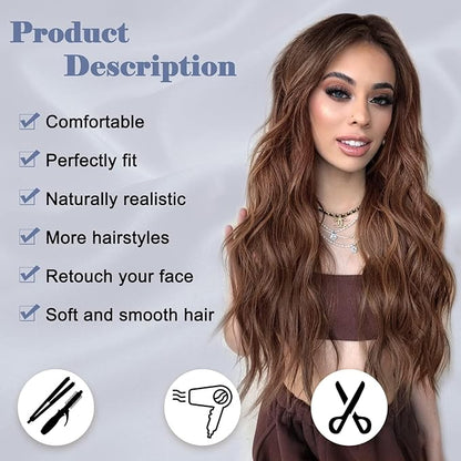NAYOO Long Ombre Brown Wavy Wig for Women 26 Inch Middle Part Curly Wavy Wig Natural Looking Synthetic Heat Resistant Fiber for Daily Party Use (Ombre Brown)