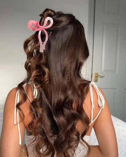 Ayesha Bows Claw Clips - 2 Colors Ribbon Coquette Clips for Thick Hair and Girls, Including Pink