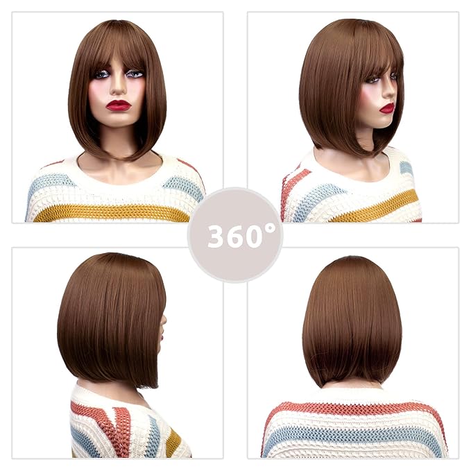 Onpep Short Straight Bob Wigs with Air Bangs Honey Brown Wig for Women Shoulder Length Heat Resistant Fiber Hair Wigs