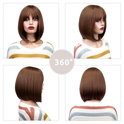 Onpep Short Straight Bob Wigs with Air Bangs Honey Brown Wig for Women Shoulder Length Heat Resistant Fiber Hair Wigs