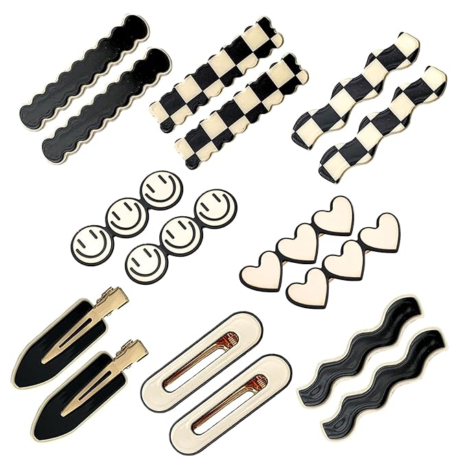 16 Pieces Women's Hair Clips, Black & White Plaid Cute Hair Clips, Simple Geometric Duckbill Clips, No Bend Korean Styling Minimalist Hair Accessories, Women's Gifts