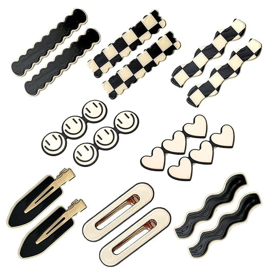 16 Pieces Women's Hair Clips, Black & White Plaid Cute Hair Clips, Simple Geometric Duckbill Clips, No Bend Korean Styling Minimalist Hair Accessories, Women's Gifts