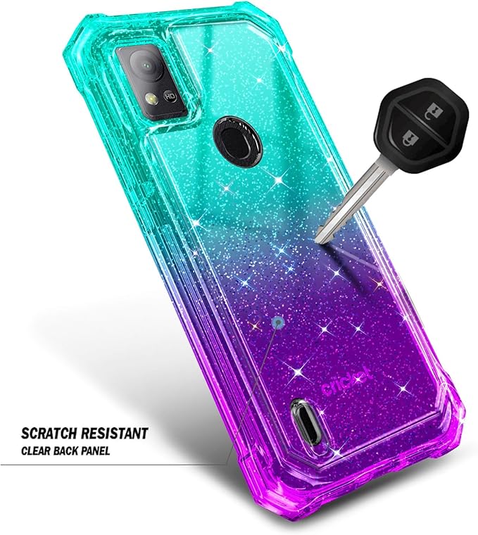 Designed for Cricket Icon 5 Case, AT&T Motivate 4 Phone Case with [Built-in Screen Protector], [5.5FT Mil-Grade Drop Tested] Full-Body Protective Shockproof Bumper Case (Glitter Aqua/Purple)