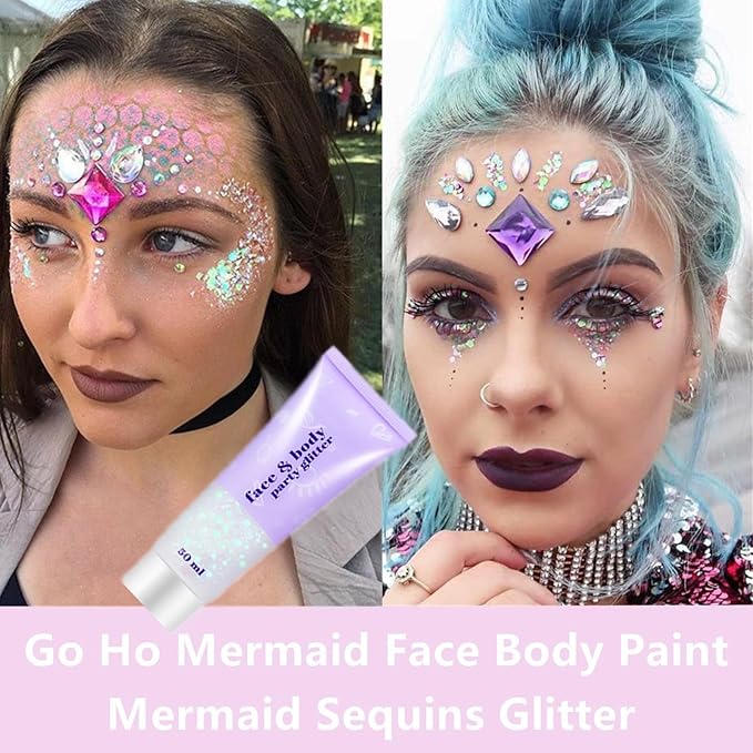 Go Ho Clear White Face Body Glitter,Mardi Gras Festival Rave Outfits for Women&Kids,Holographic Mermaid White Face Paint,Halloween Fairy Makeup Chunky Glitter Sequins Gel,Rave Accessories,52g