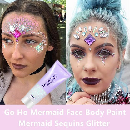 Go Ho Clear White Face Body Glitter,Mardi Gras Festival Rave Outfits for Women&Kids,Holographic Mermaid White Face Paint,Halloween Fairy Makeup Chunky Glitter Sequins Gel,Rave Accessories,52g
