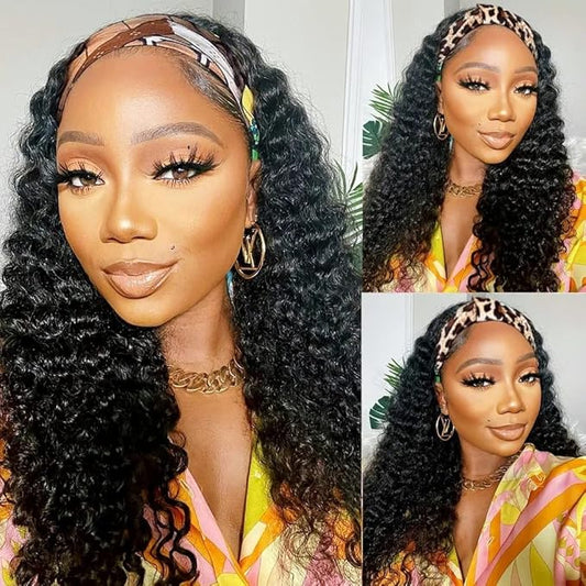 20 Inch Headband Wig Human Hair for Women Long Curly Hair Deep Wave Wig Natural Color