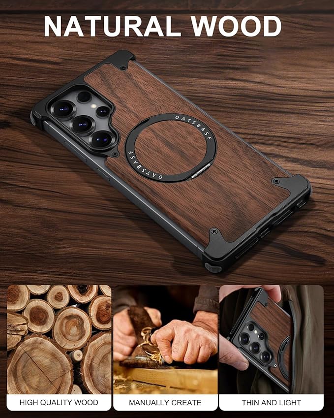 OATSBASF Magnetic Wood Case Compatible with Samsung Galaxy S25 Ultra, [Natural Wood & Aluminum] Shockproof Protective Cover Unique Wooden Case with 360° Ring Stand, Black
