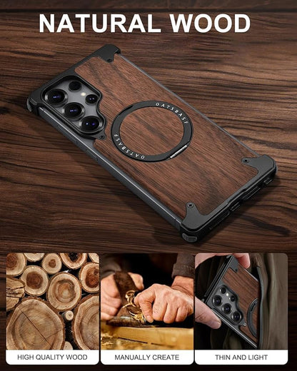 OATSBASF Magnetic Wood Case Compatible with Samsung Galaxy S25 Ultra, [Natural Wood & Aluminum] Shockproof Protective Cover Unique Wooden Case with 360° Ring Stand, Black