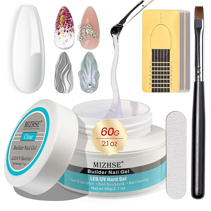 MIZHSE Builder Gel For Nails - 60g Clear Hard Gel For Extension, Strengthen, Art Manicure Kit With 100pcs Forms And Brush