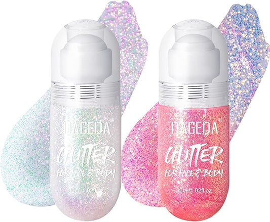 DAGEDA 2Colors Roll-on Body Glitter Gel for Body, Hair, Face, Holographic Glitter Makeup for Rave Accessories, Body Shimmer Hair Glitter Gel for Halloween Makeup(Sparkling Pink+Pink)