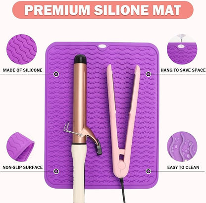 Oversize Silicone Heat Resistant Mat for Curling Iron, Hair Straightener, Flat Irons and Hot Hair Styling Tools, Portable Wrap Cover with for Home Travel Gym Salon(14.2" x 11") (Purple)