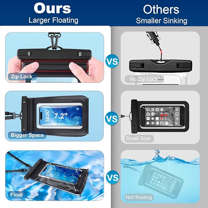 2 Pack Waterproof Pouch Floating with Sealing Strip, 9'' Large Cell Phone Dry Protector Case for iPhone 15 14 13 12 11 Pro Max Plus Samsung Galaxy, Water Proof Bag Holder for Beach Swimming