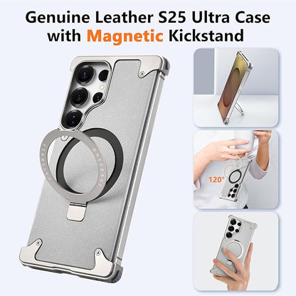 S25 Ultra Case Leather Magnetic with Ring Kickstand, Frameless for Samsung Galaxy S25 Ultra Case for Magsafe, Slim Drop-Proof Protective S25Ultra Cover for Men Women 6.86 Inch, Gray
