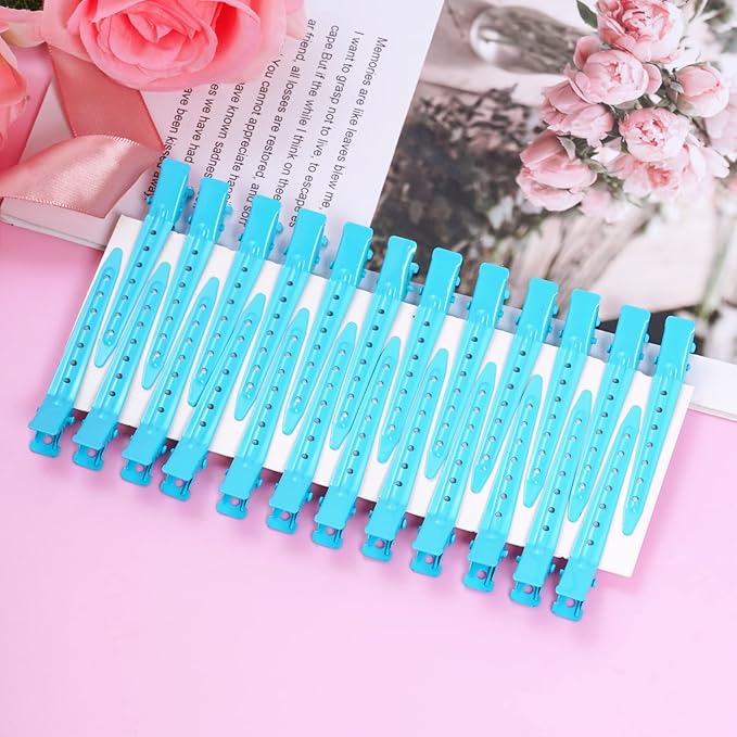24 Packs Duck Bill Clips, Bantoye 2.75 Inches Rustproof Metal Alligator Curl Clips with Holes for Hair Styling, Hair Coloring, Blue