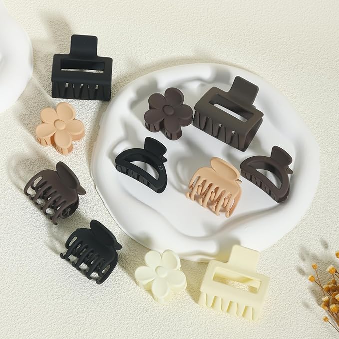 Hair Clip Set, 16Pcs Medium Claw Clips for Women Girls, Matte Rectangle Double Row Teeth Flower Semicircle Small Clips for Thin/Medium Thick Hair, Nonslip Clips (Beige, Khaki, Brown, Black)