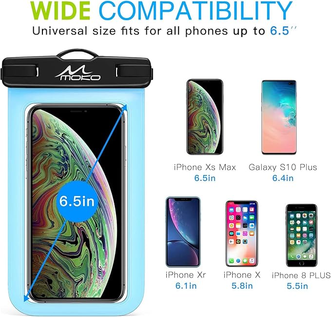 MoKo Waterproof Phone Pouch, CellPhone Case Bag with Lanyard Armband Compatible with iPhone 16 15 14 13 12 11 Pro Max X/Xr/Xs Max/SE 3, 8/7/6 Plus, Samsung S23/S24/S10/S9/S8 Plus, A10E,Note 10,SkyBlue