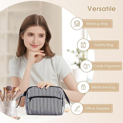 Narwey Striped Makeup Bag Women Wide-open Make up Bag Travel Cosmetic Bag Organizer Toiletry Bag for Cosmetics Toiletries Accessories (Black Stripe)