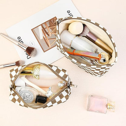 2 Pcs Checkered Makeup Bag Large Cosmetic Bag Toiletry Bag Makeup Pouch Travel Bag Organizer Cute Makeup Brushes Aesthetic Accessories Storage Bag for Women Coffee Brown