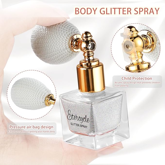 Etercycle Silver Body Glitter Spray, Shimmering Spray Powder Sparkle Powder, Cosmetic Shimmer Makeup Glitter for Hair and Body Face Clothes Nail Art Craft Design Easter Christmas Halloween Crafts