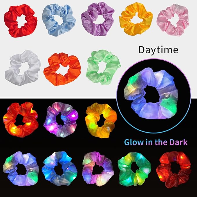 8 Pcs LED Scrunchies, Light Up Satin Hair Accessories for Women Girls, Glow in The Dark Party Supplies for Neon Party