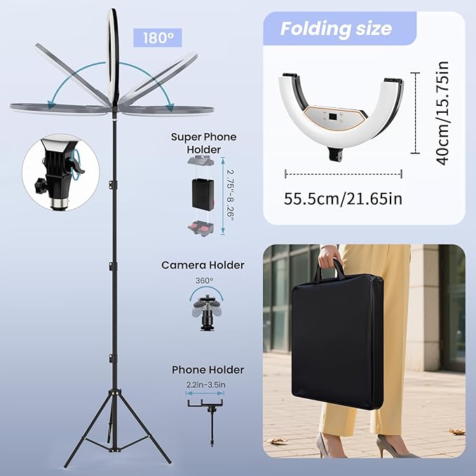 22" Foldable Large Ring Light with Stand for iPhone iPad,75" Tripod with Overhead Shooting Bracket 50W 6500K 4 Clips/LCD Display/2 USB PortsTattoo Barber Makeup Studio Video Photography Lighting