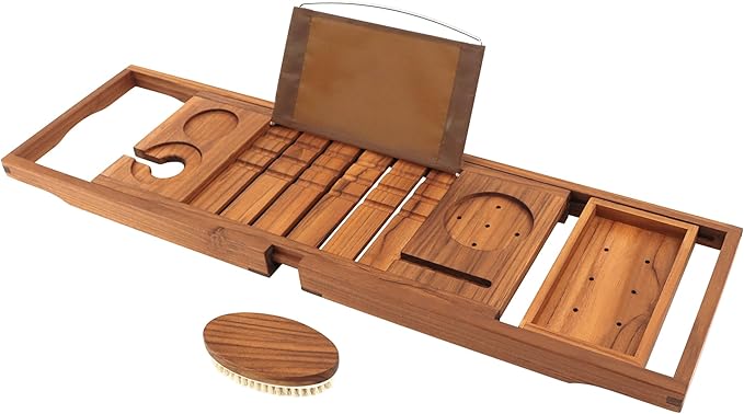 VaeFae Premium Teak Bathtub Tray, Expandable Wooden Bath Tray for Tub, Luxury Bathtub & Bathroom Accessories, Great House Warming, Anniversary & Wedding and Birthday Gifts (Free Teak Body Brush)
