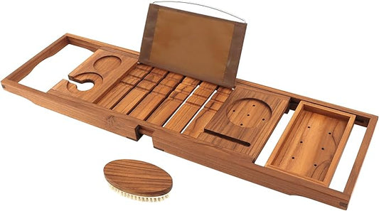 VaeFae Premium Teak Bathtub Tray, Expandable Wooden Bath Tray for Tub, Luxury Bathtub & Bathroom Accessories, Great House Warming, Anniversary & Wedding and Birthday Gifts (Free Teak Body Brush)
