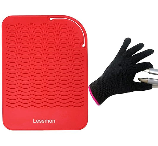 Flat Iron Travel Mat, Curling Iron Counter Protector with Heat Resistant Glove for Curling Irons, Hair Straightener, Flat Irons and Hair Styling Tools, 9” x 6.5”, Red