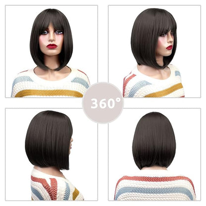 Onpep Bob Wig with Bangs Darkest Brown Short Straight Wigs for Women Shoulder Length Heat Resistant Synthetic Natural Color Wigs
