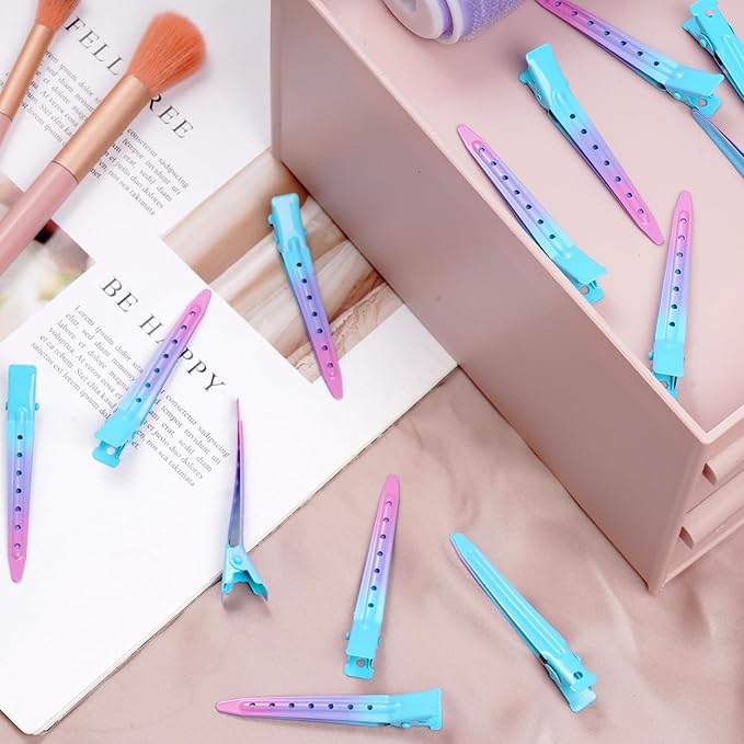 24 Packs Duck Bill Clips, Bantoye 2.75 Inches Rustproof Metal Alligator Curl Clips with Holes for Hair Styling, Hair Coloring, Gradient Blue