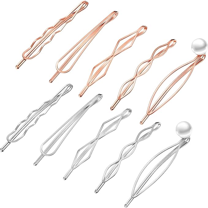 10 Pieces Geometric Metal Hair Clips and Barrettes for Women - Minimalist Hair Styling Accessories, Dainty Wedding Headwear (Silver, Rose Gold)