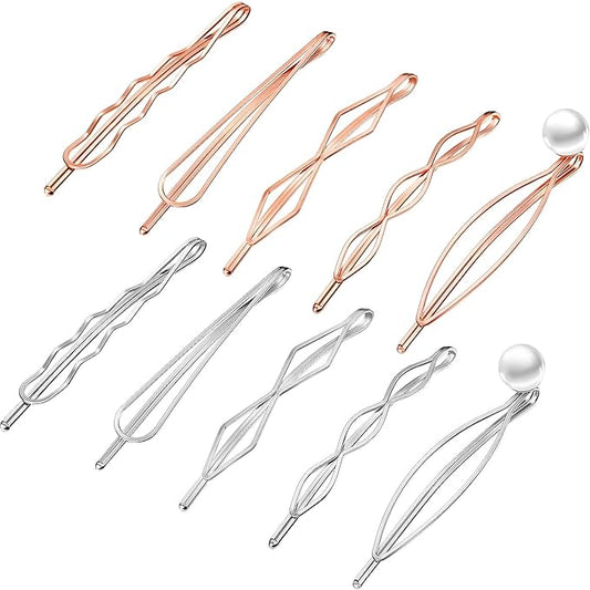 10 Pieces Geometric Metal Hair Clips and Barrettes for Women - Minimalist Hair Styling Accessories, Dainty Wedding Headwear (Silver, Rose Gold)