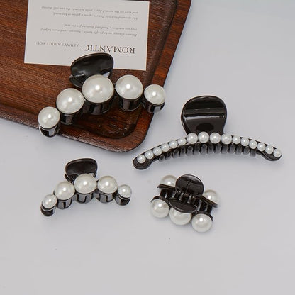 Mehayi 4 PCS Large Black Pearl Hair Claw Clips for Women Girls, Hair Barrette Clamps for Thick Thin Hair, Fashion Hair Accessories Headwear Styling Tools for Party Wedding
