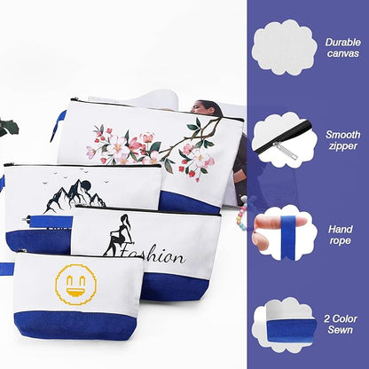 10 Pieces Cotton Canvas Makeup Bag with Bottom and Strap, Multi-Purpose Cosmetic Bag with Zipper Travel Toiletry Pouch, Blank DIY Craft Bag (White&Blue, L)
