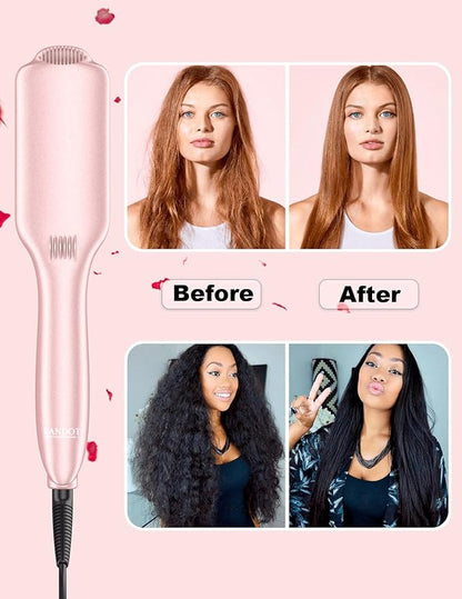 LANDOT Inoic Hair Straightener Brush for Smooth, Frizz-Free Results - Electric Heated Ceramic Straightening Brush Dual Voltage - Fast Heating Adjust Temp 250-450F for All Hair Types