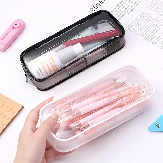 2pcs Clear Cases with Zipper, Multi-use Travel Makeup Brush Bags Toiletries Exam Pouch Case Travel Luggage Make up Cosmetic Bag (Black and White)